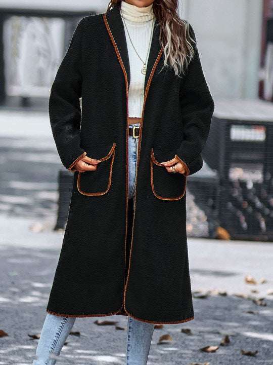 Stylish Color Block Cashmere Long Coat with Pockets