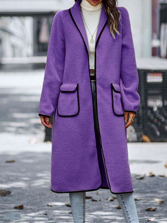 Stylish Color Block Cashmere Long Coat with Pockets