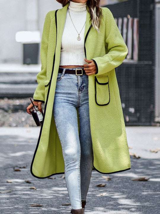 Stylish Color Block Cashmere Long Coat with Pockets