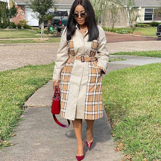 Stylish Women's Plaid Printed Trench Coat with Belt