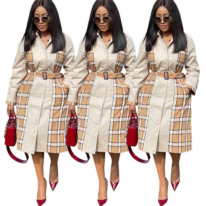 Stylish Women's Plaid Printed Trench Coat with Belt