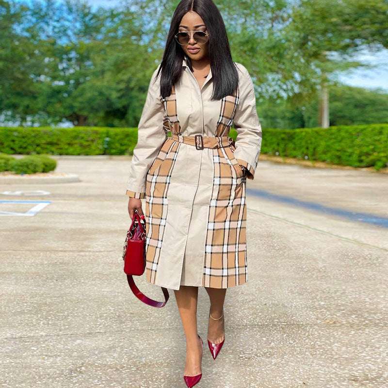 Stylish Women's Plaid Printed Trench Coat with Belt