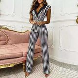 V-neck Houndstooth Jumpsuit Professional Wear