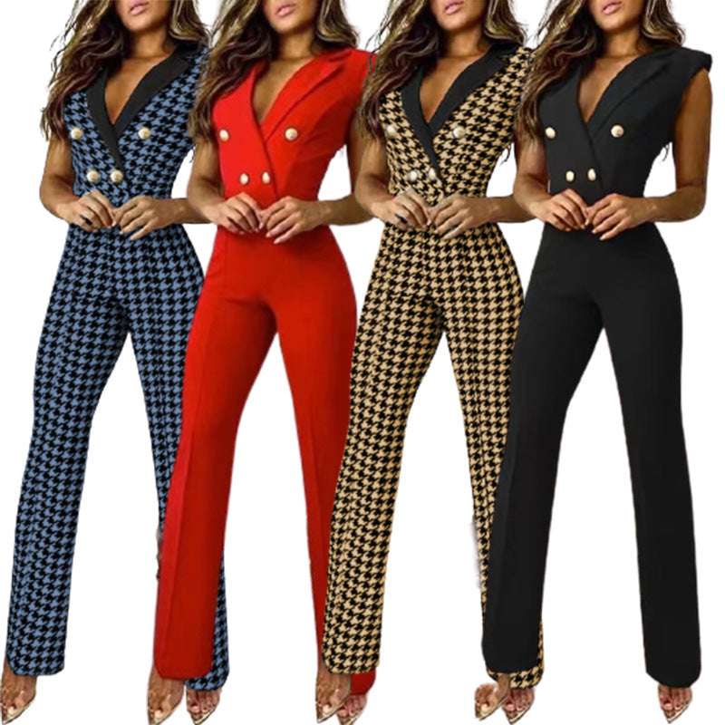 V-neck Houndstooth Jumpsuit Professional Wear