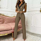 V-neck Houndstooth Jumpsuit Professional Wear