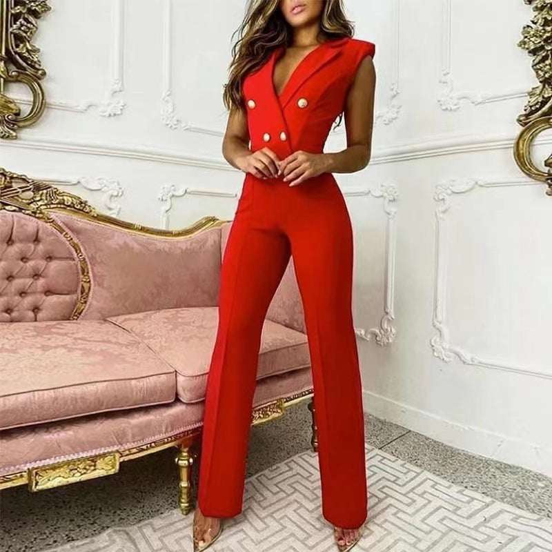 V-neck Houndstooth Jumpsuit Professional Wear