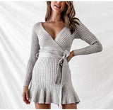 V Neck Knitted Dress Long Sleeve