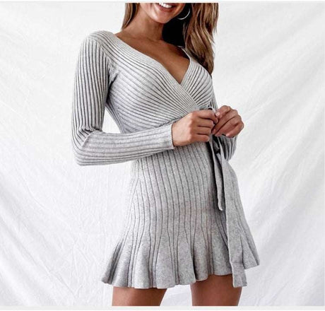 V Neck Knitted Dress Long Sleeve