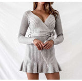 V Neck Knitted Dress Long Sleeve