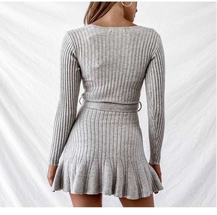 V Neck Knitted Dress Long Sleeve