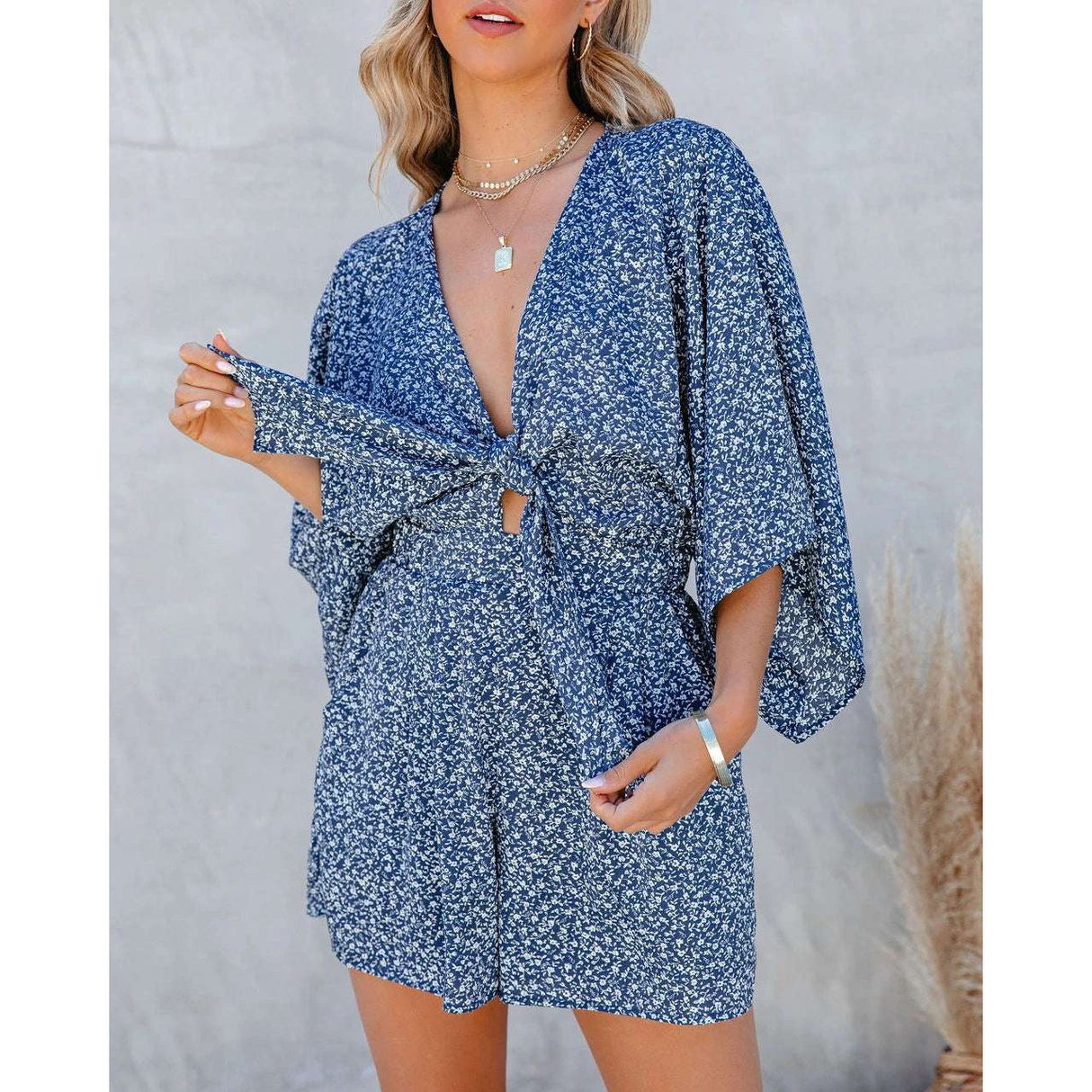 V-Neck Loose Fitting Patterned Jumpsuit