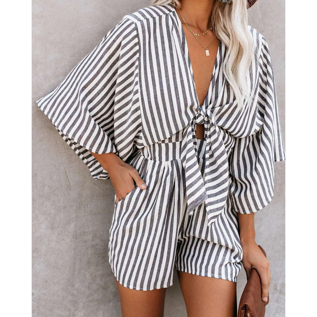 V-Neck Loose Fitting Patterned Jumpsuit