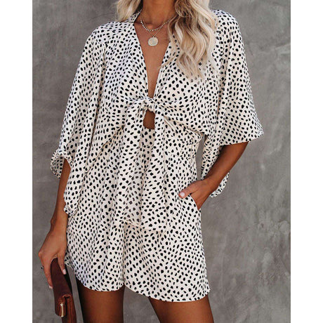 V-Neck Loose Fitting Patterned Jumpsuit