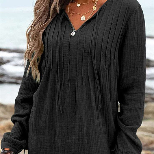V-neck Pleated Textured Loose Pullover Top