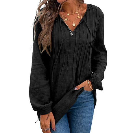 V-neck Pleated Textured Loose Pullover Top