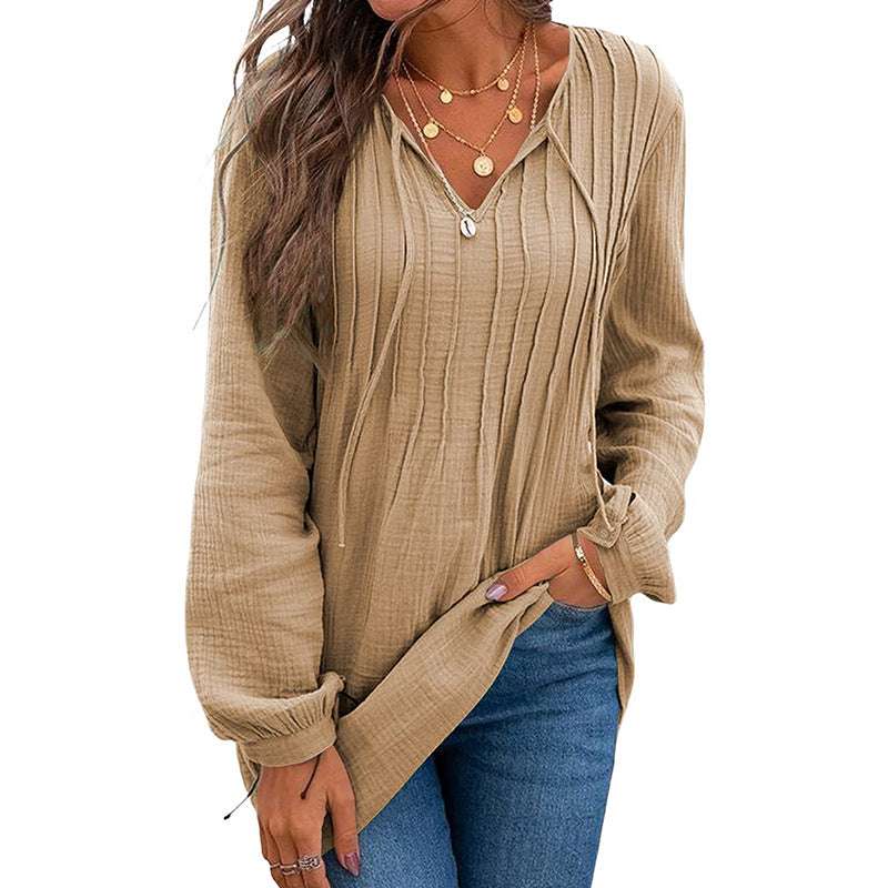 V-neck Pleated Textured Loose Pullover Top