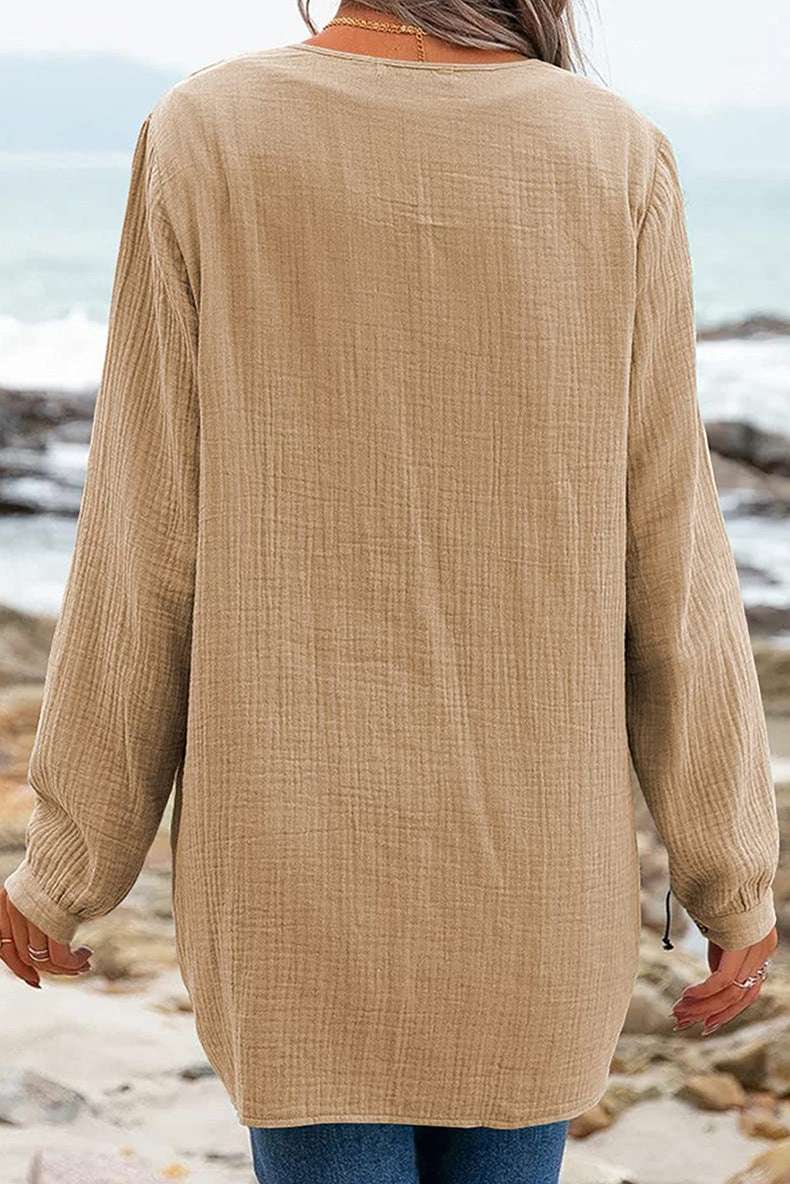 V-neck Pleated Textured Loose Pullover Top