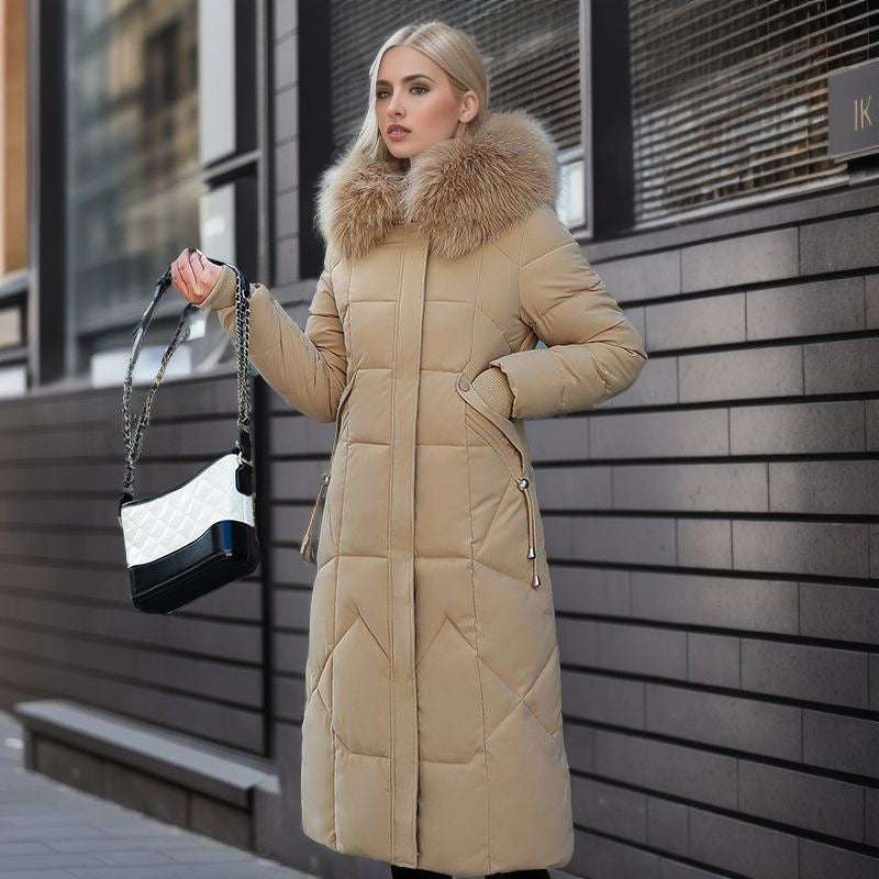 Warm Women's Quilted Jacket with Large Fur Collar