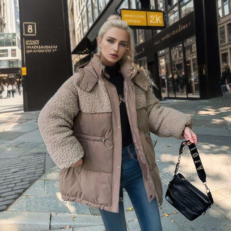 Winter Coat for Women with Lamb Wool Waist Drawstring