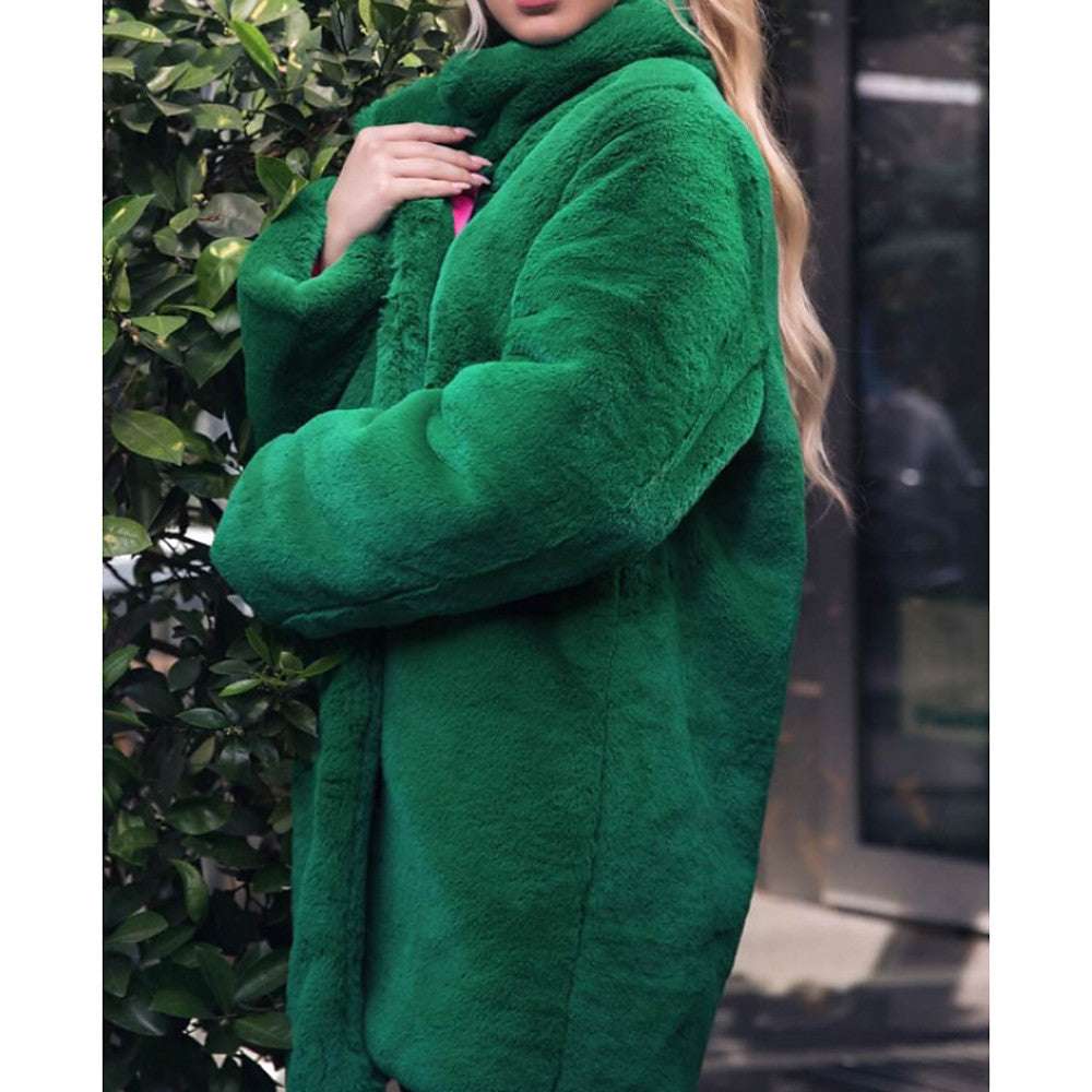 Winter Faux Fur Coat with Stand-up Collar Mid-length