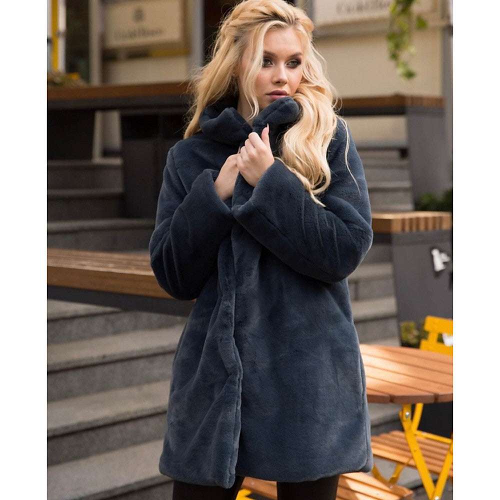 Winter Faux Fur Coat with Stand-up Collar Mid-length