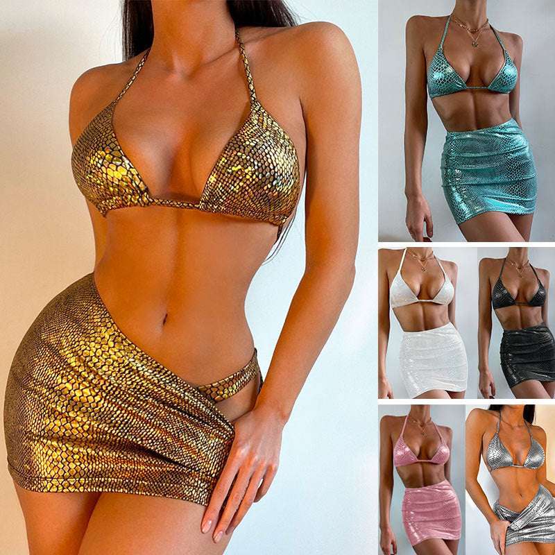 Women's 3 Piece Bathing Suits Halter Snake Pattern Bikini Set With Cover Up Skirt