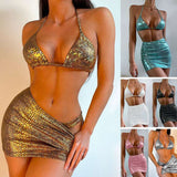 Women's 3 Piece Bathing Suits Halter Snake Pattern Bikini Set With Cover Up Skirt