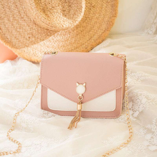 Women's Casual Small Square Crossbody Bag with Cat Lock Chain and Tassel Details