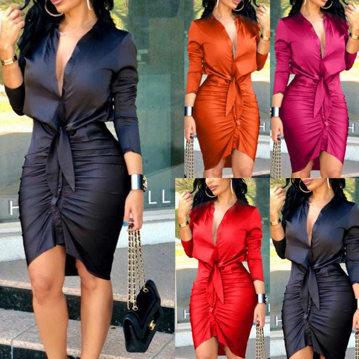 Women’s Lace-up Solid Color Long Sleeve Elegant Fashion Party Dress
