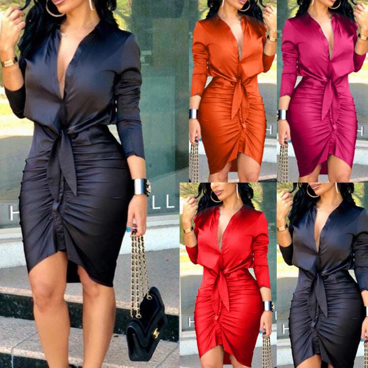 Women’s Lace-up Solid Color Long Sleeve Party Dress