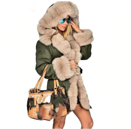 Womens Green coat with fur Hood 