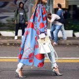 Women's Sky Blue Printed Long Sleeve Woolen Coat