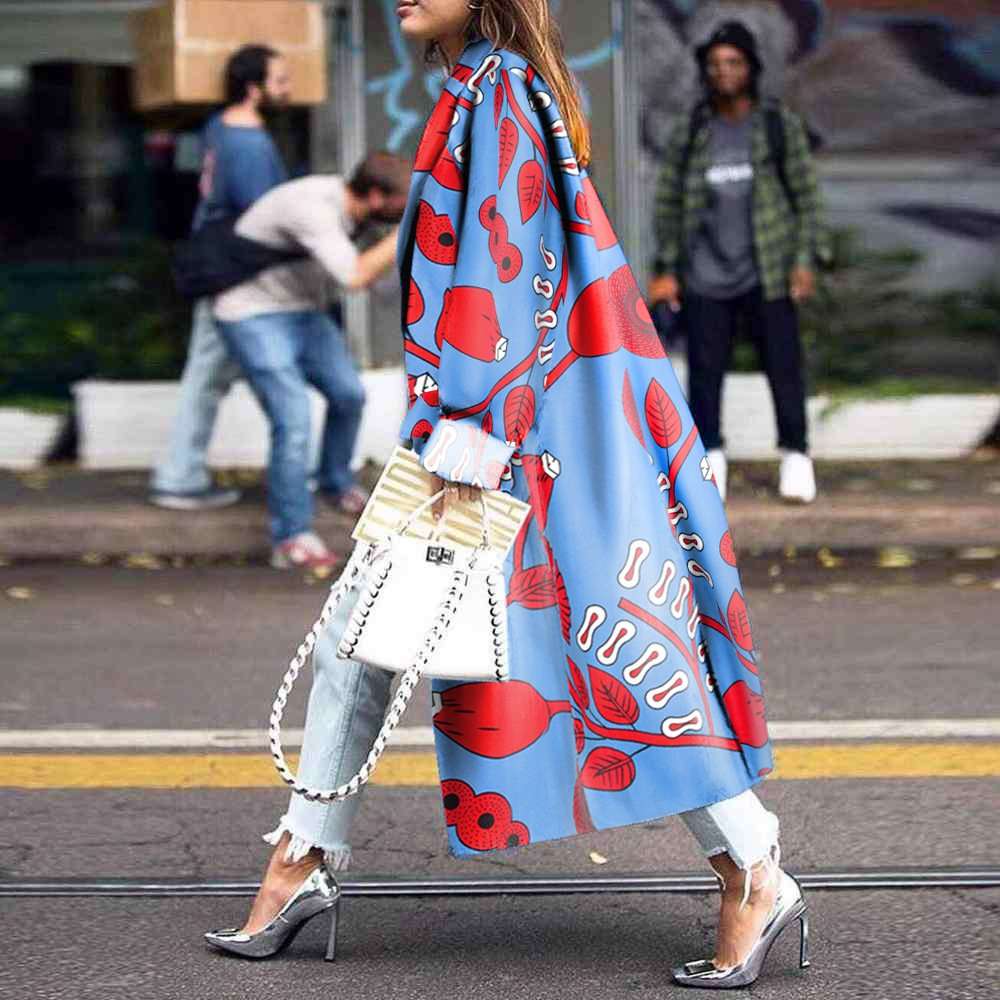 Women's Sky Blue Printed Long Sleeve Woolen Coat