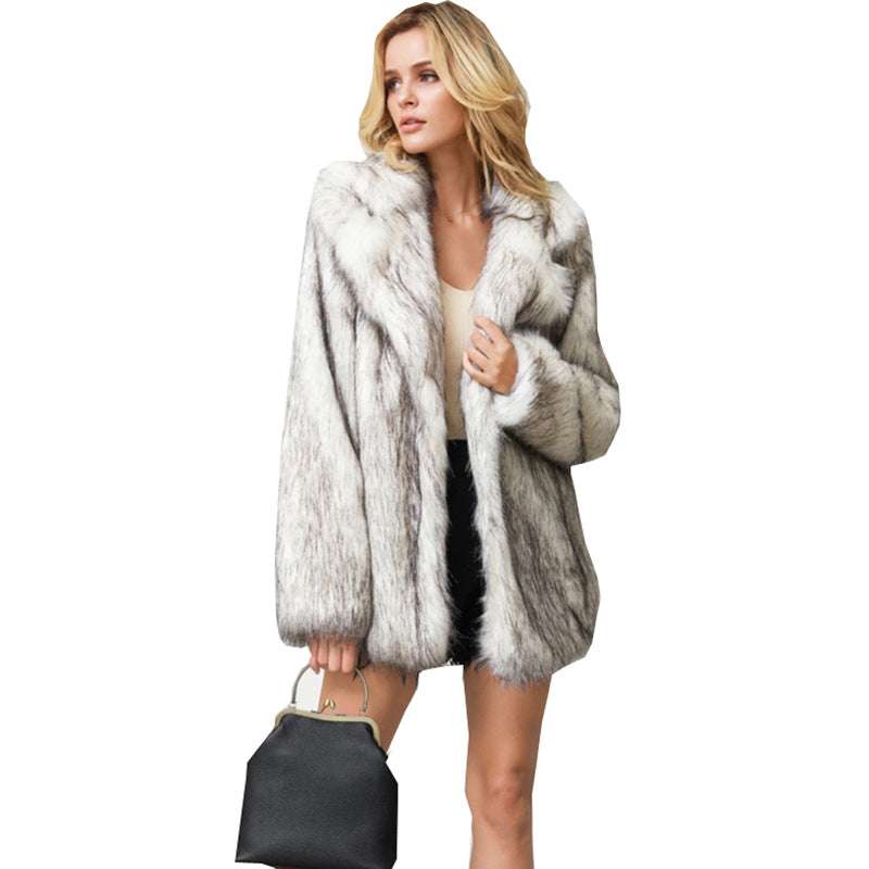 Women's warm mid-length faux fox fur coat