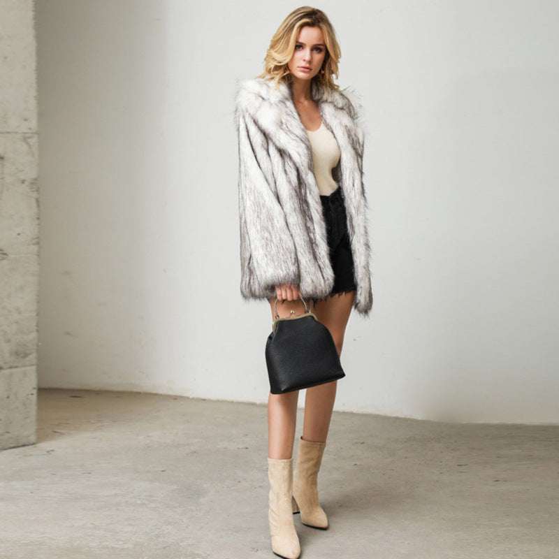 Women's warm mid-length faux fox fur coat