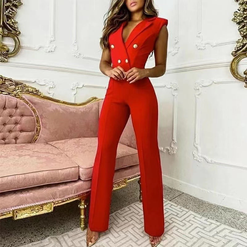 Black V-neck Houndstooth Jumpsuit Professional Wear Women by Look Smart Fashion sold by Look Smart Fashion